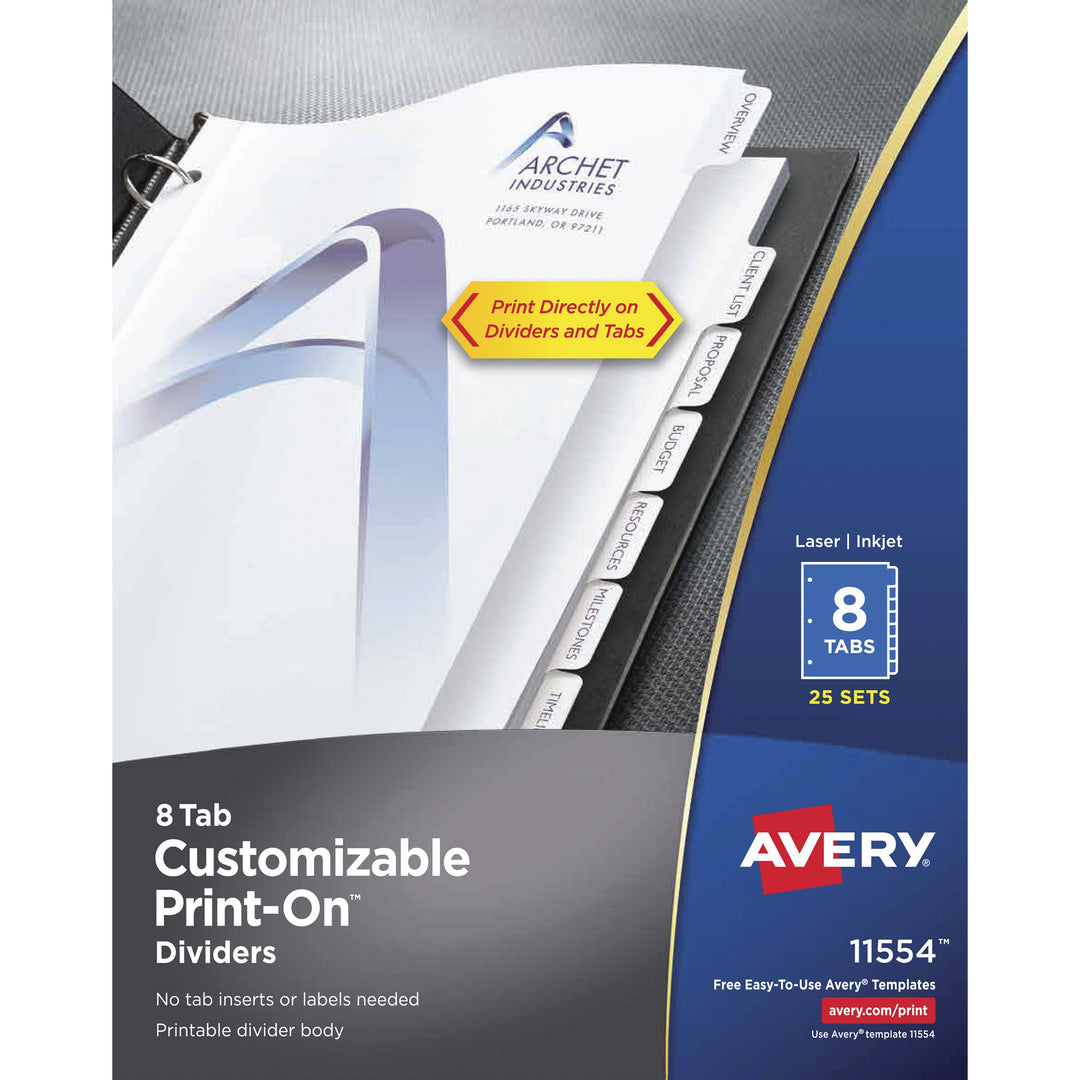 Image of Avery® Customizable Print-On Dividers, 3-Hole Punched, 8-Tab, 11 x 8.5, White, 25 Sets