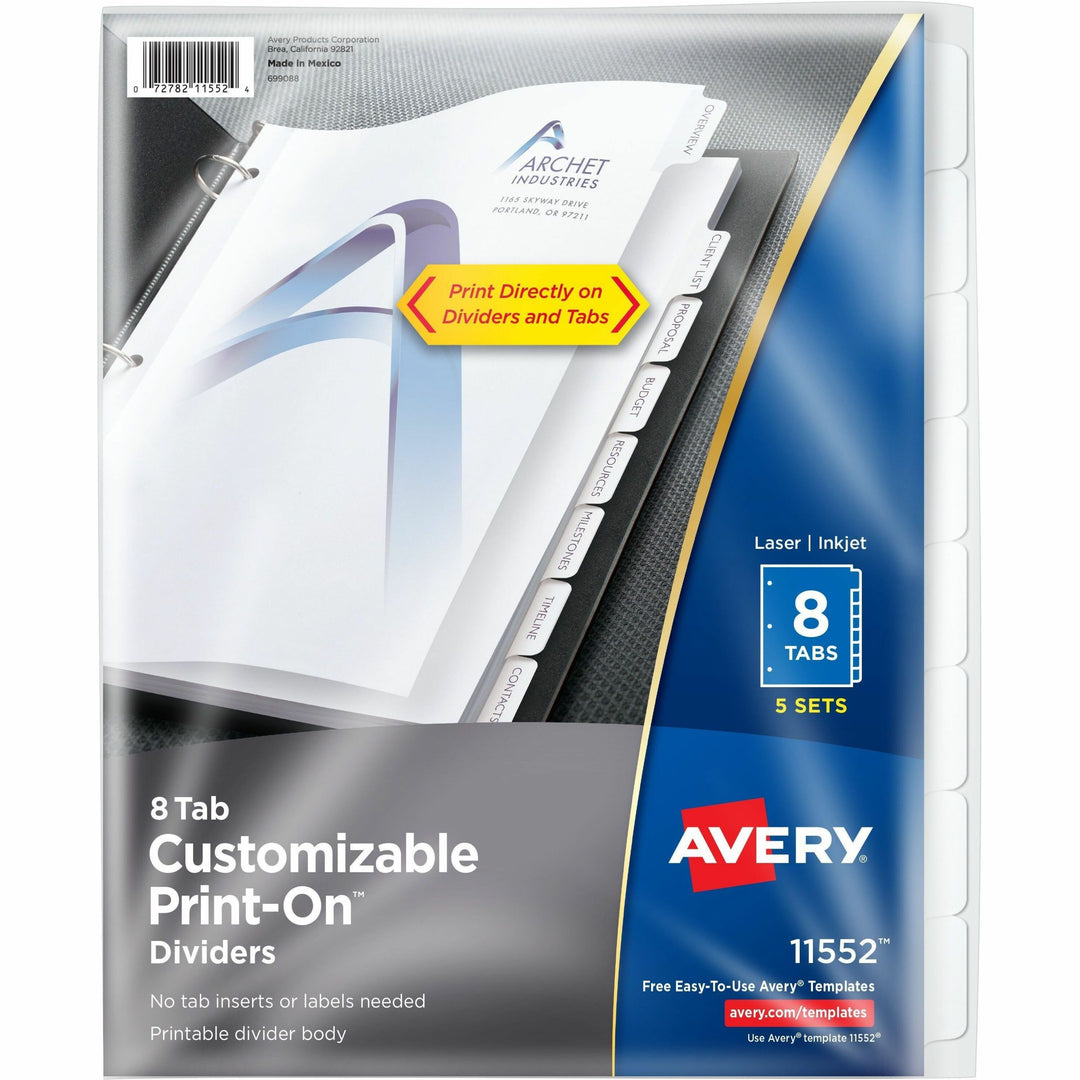 Image of Avery® Customizable Print-On Dividers, 3-Hole Punched, 8-Tab, 11 x 8.5, White, 5 Sets