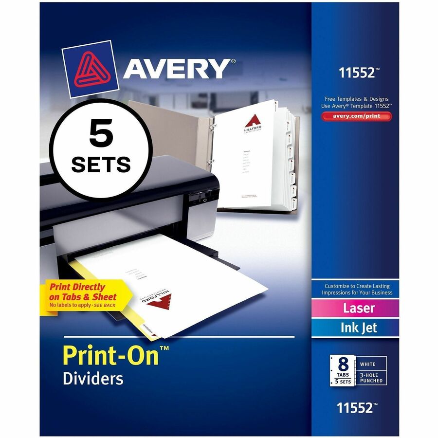 Image of Avery® Customizable Print-On Dividers, 3-Hole Punched, 8-Tab, 11 x 8.5, White, 5 Sets