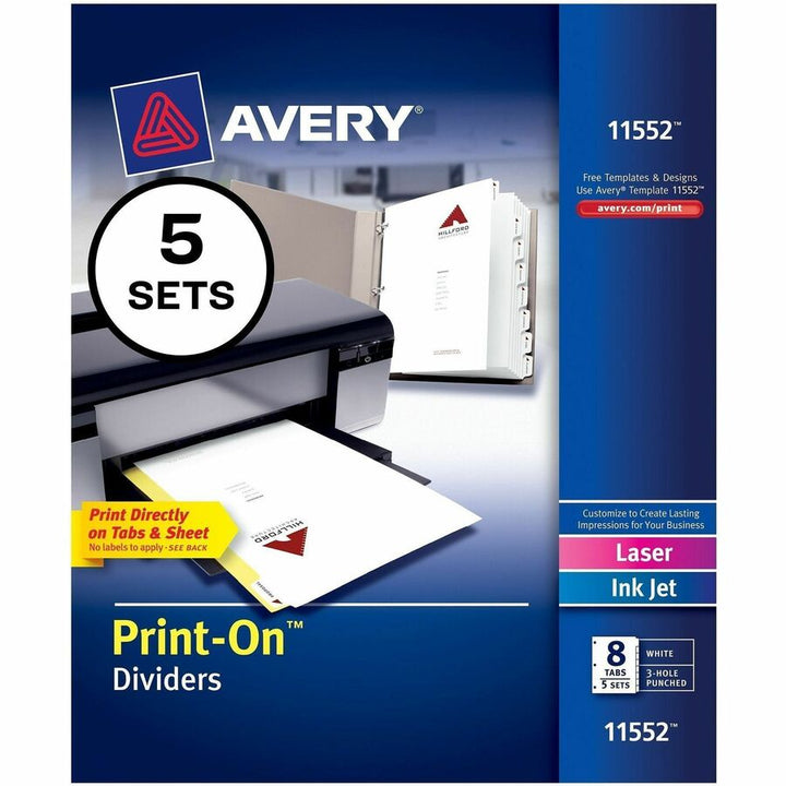 Image of Avery® Customizable Print-On Dividers, 3-Hole Punched, 8-Tab, 11 x 8.5, White, 5 Sets