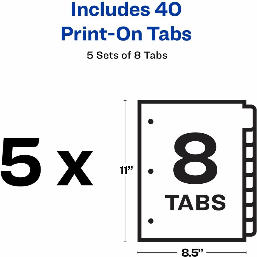 Image of Avery® Customizable Print-On Dividers, 3-Hole Punched, 8-Tab, 11 x 8.5, White, 5 Sets