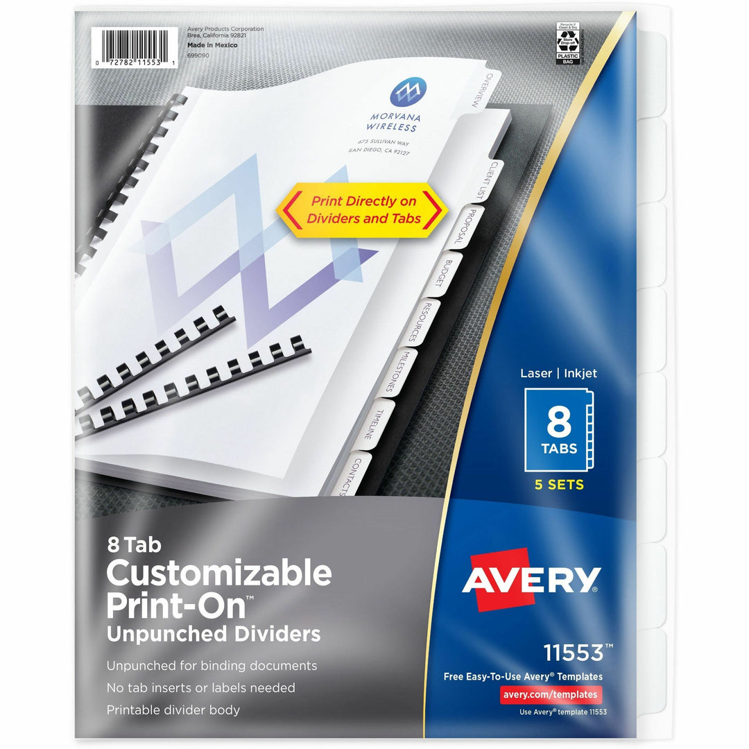 Image of Avery® Customizable Print-On Dividers, Unpunched, 8-Tab, 11 x 8.5, White, 5 Sets