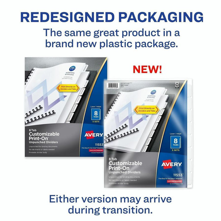 Image of Avery® Customizable Print-On Dividers, Unpunched, 8-Tab, 11 x 8.5, White, 5 Sets