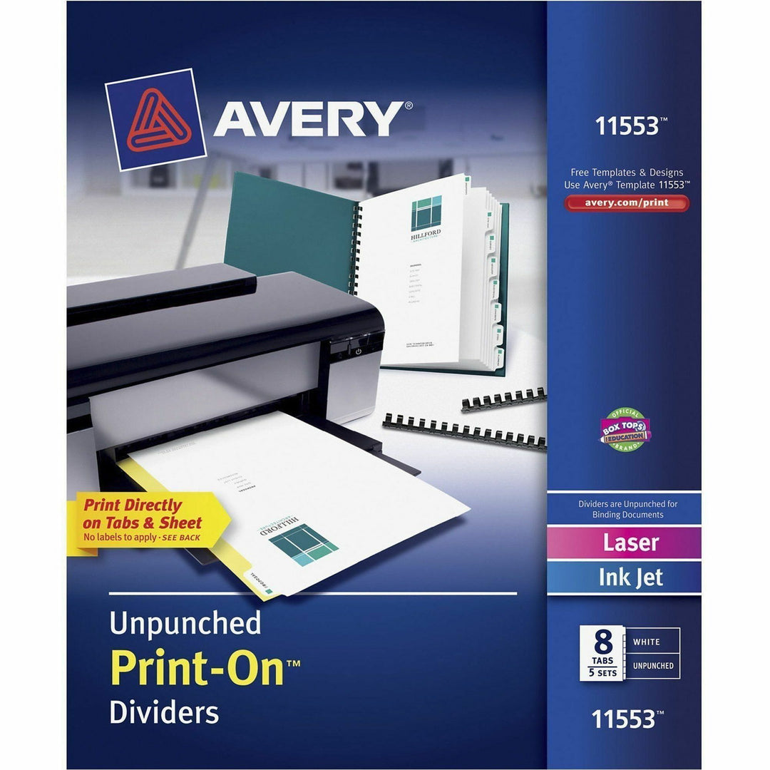 Image of Avery® Customizable Print-On Dividers, Unpunched, 8-Tab, 11 x 8.5, White, 5 Sets