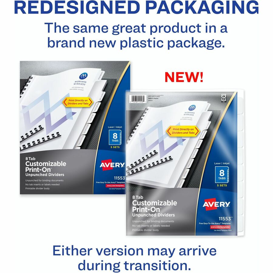 Image of Avery® Customizable Print-On Dividers, Unpunched, 8-Tab, 11 x 8.5, White, 5 Sets