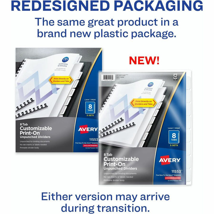 Image of Avery® Customizable Print-On Dividers, Unpunched, 8-Tab, 11 x 8.5, White, 5 Sets