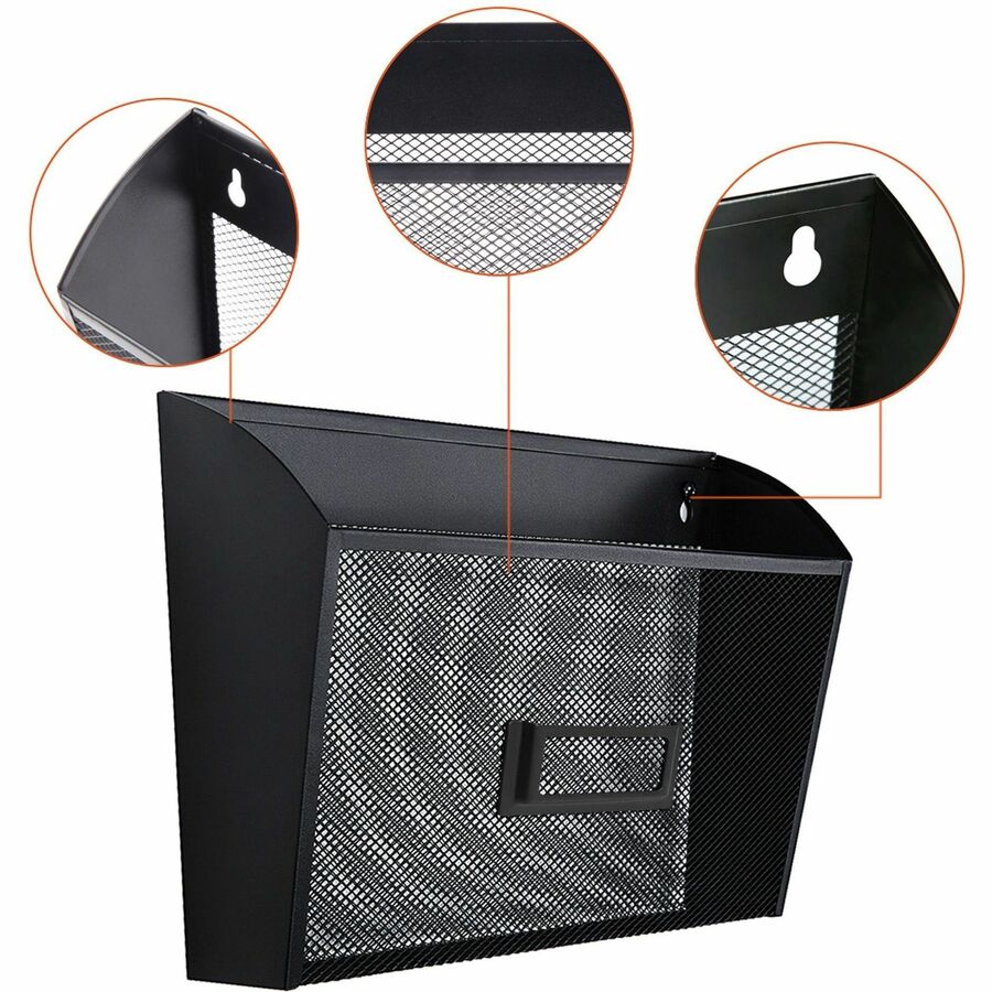 Image of Lorell Black Mesh/Wire 84144 Mesh Wire Wall Pocket, 6.62" H x 12.62" W x 4.75" Depth, Black, 1 Each