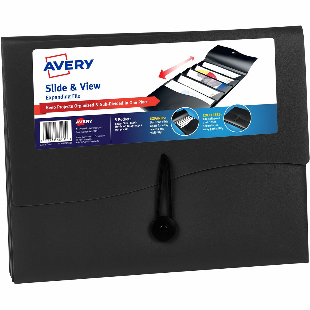 Image of Avery® Slide and View Expanding File, 5 Sections, Cord/Hook Closure, Letter Size, Black