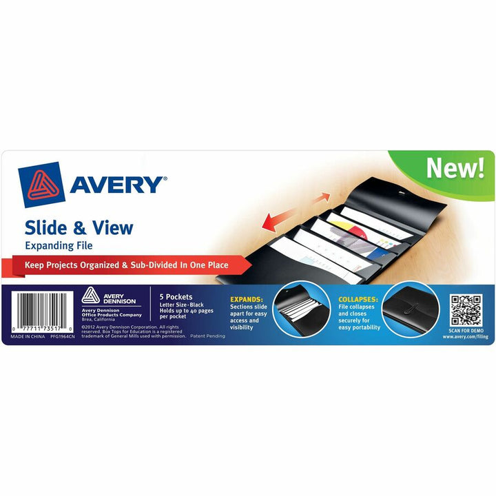 Image of Avery® Slide and View Expanding File, 5 Sections, Cord/Hook Closure, Letter Size, Black