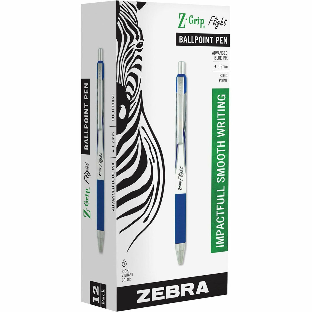 Image of Zebra® Z-Grip Flight Ballpoint Pen, Retractable, Bold 1.2 mm, Blue Ink, Black/Blue/White Barrel, 12/Pack