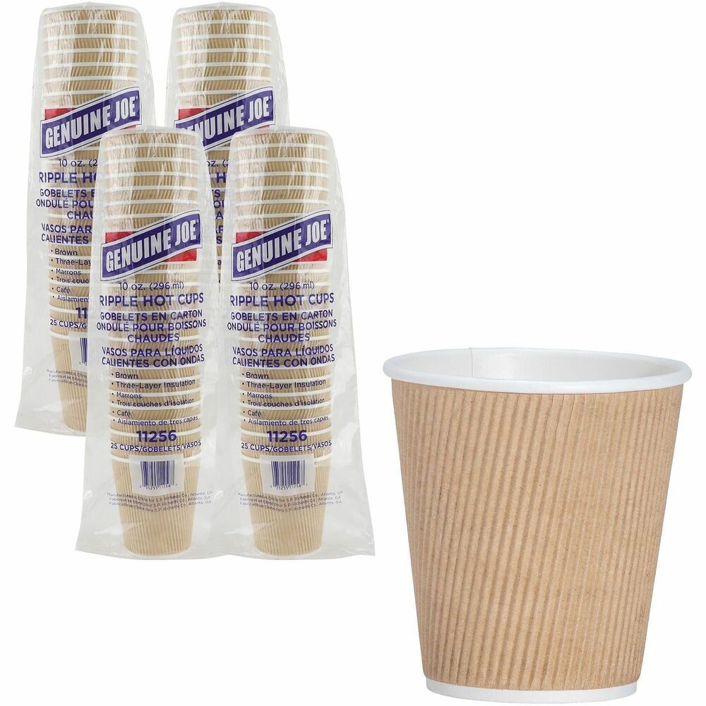 Image of Genuine Joe Hot Cups, Rippled, 10oz, 25/PK, 5PK/BD, 4BD/CT, Brown