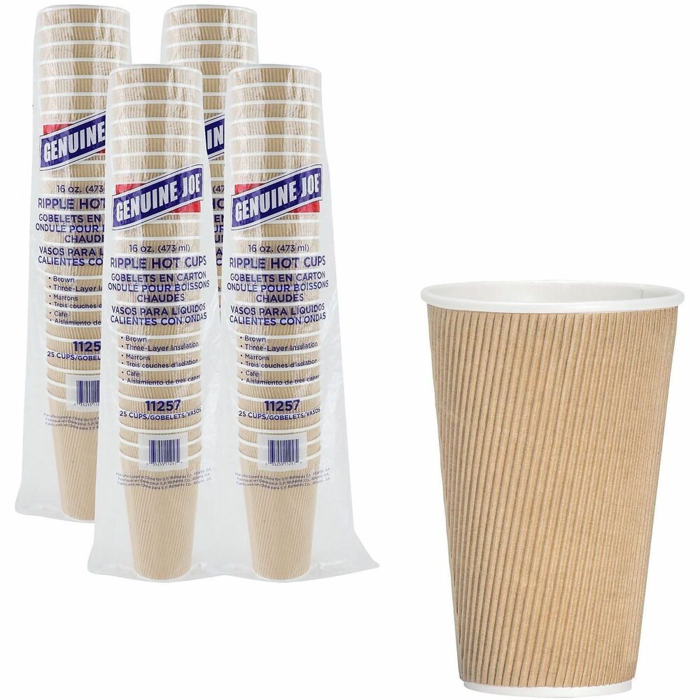 Image of Genuine Joe Hot Cups, Rippled, 16oz, 25/PK, 5PK/BD, 4BD/CT, Brown