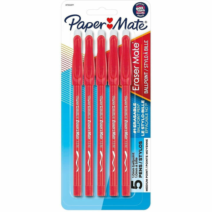 Image of Paper Mate 3173558PP Erasermate, Medium Pen Point, Erasable, Red Ink, 5