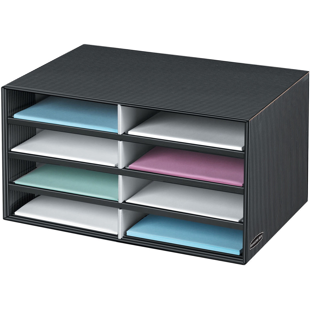 Image of Bankers Box® Decorative Sorter, 8 Letter Compartments, 19.5 x 12.38 x 10.25, Black/Gray Pinstripe