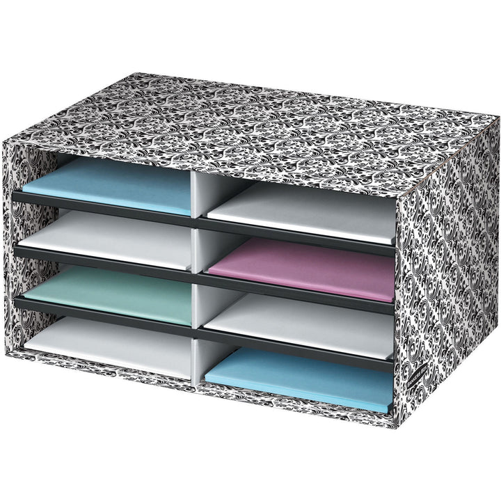 Image of Bankers Box® Decorative Sorter, 8 Letter Compartments, 19.5 x 12.38 x 10.25, Black/White Brocade