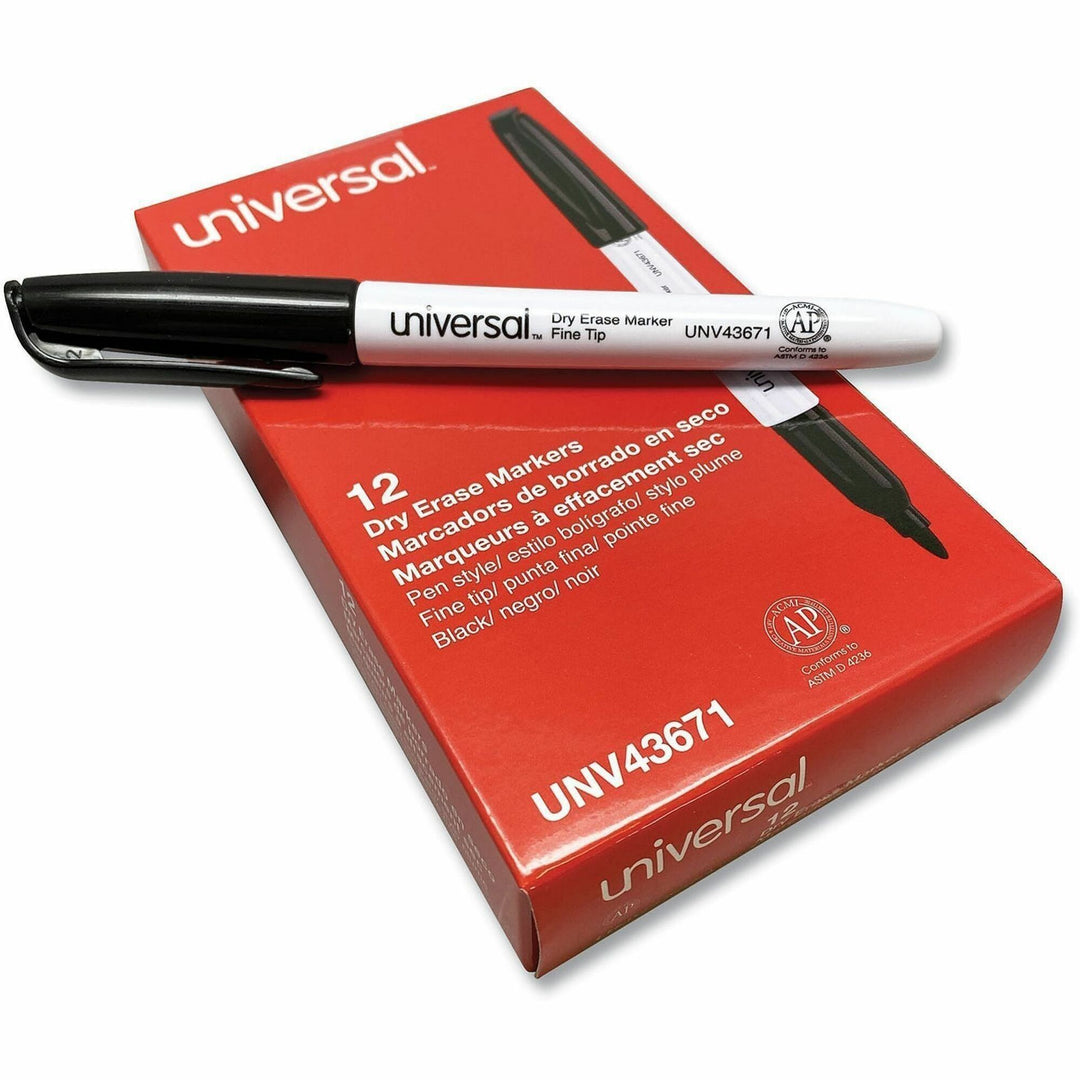 Image of Universal® Pen Style Dry Erase Marker, Fine Bullet Tip, Black, Dozen