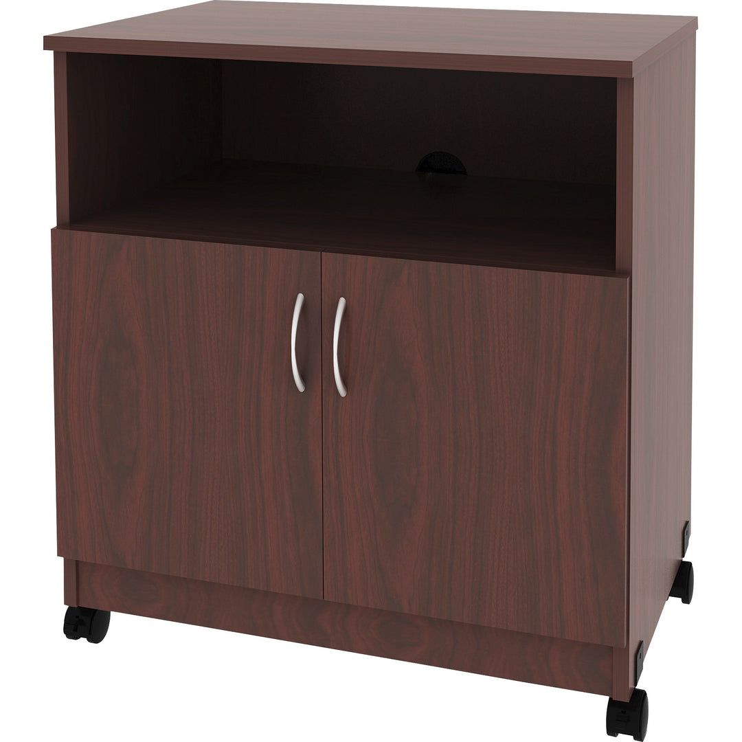 Image of Lorell 60268 Mobile Machine Stand with Shelf, 30.75" H x 28" W x 19.25" Depth, Mahogany, Laminated Particleboard, Mahogany, 1 Each