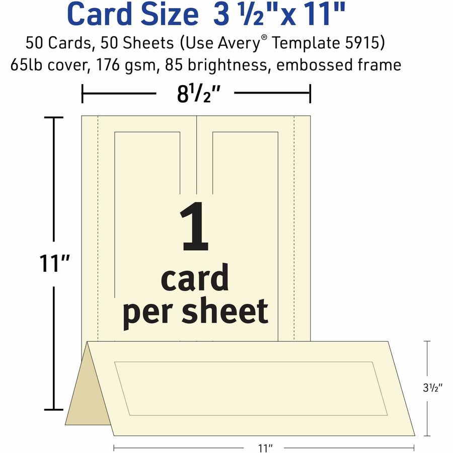 Image of Avery® Large Embossed Tent Card, Ivory, 11 x 3.5,, 1 Card/Sheet, 50 Sheets/Pack