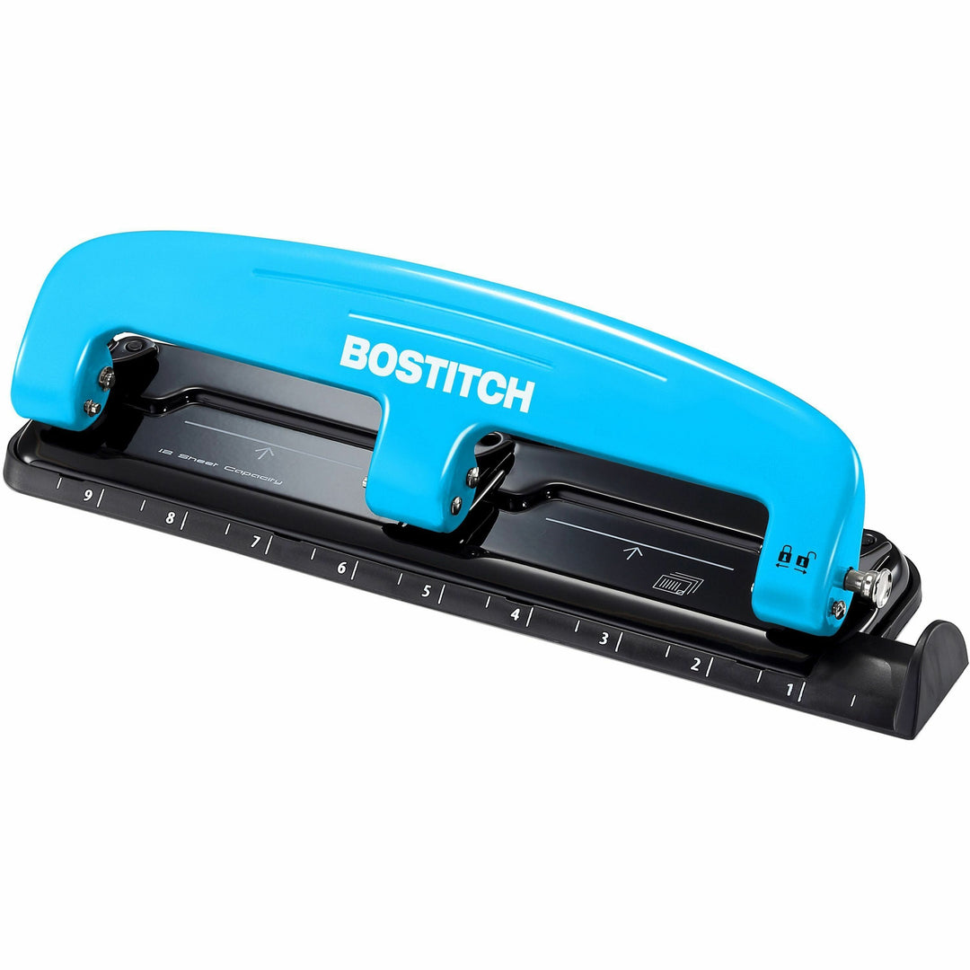 Image of Bostitch® 12-Sheet Ez Squeeze Three-Hole Punch, 9/32" Holes, Blue/black