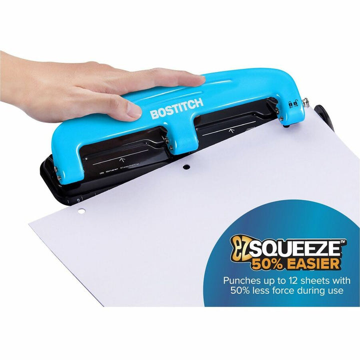 Image of Bostitch® 12-Sheet Ez Squeeze Three-Hole Punch, 9/32" Holes, Blue/black