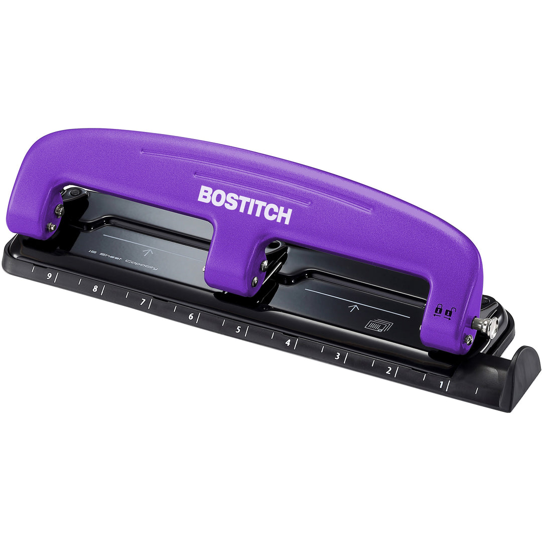 Image of Bostitch® 12-Sheet Ez Squeeze Three-Hole Punch, 9/32" Holes, Purple/black