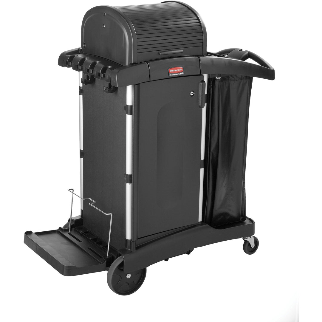Image of Rubbermaid Commercial 9T7500 High Security Cleaning Cart, Aluminum, Plastic, 22" W x 48.25" D x 53.50" Height, Black, 1 Each