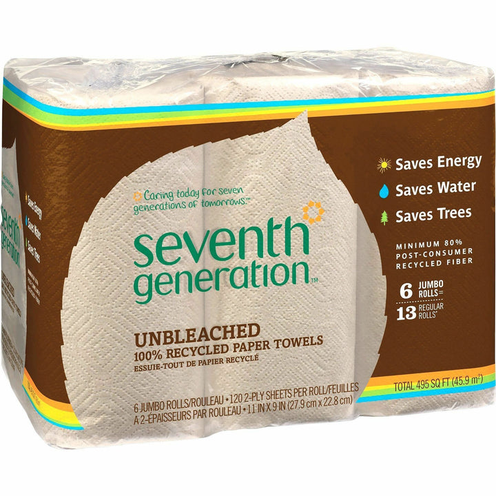 Image of Seventh Generation 13737 100% Recycled Paper Towels, 2 Ply, 11" W x 9" Length, 120 Sheets/Roll, Natural, Paper, 1 Pack