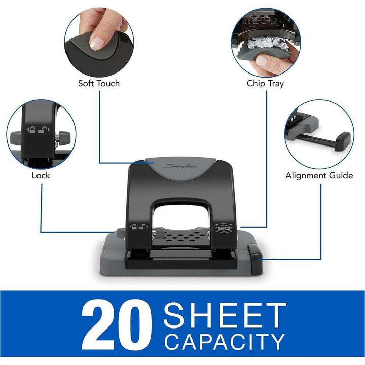 Image of Swingline® 20-Sheet Smarttouch Two-Hole Punch, 9/32" Holes, Black/gray