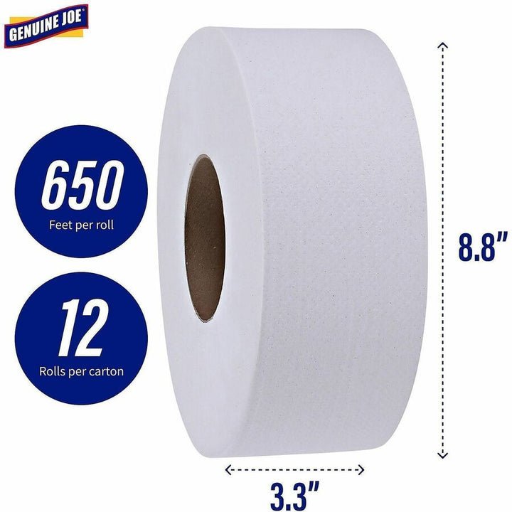 Image of Genuine Joe Bath Tissue Rolls, Jumbo, 2-Ply, 3-1/4"x650', 12RL/CT, WE