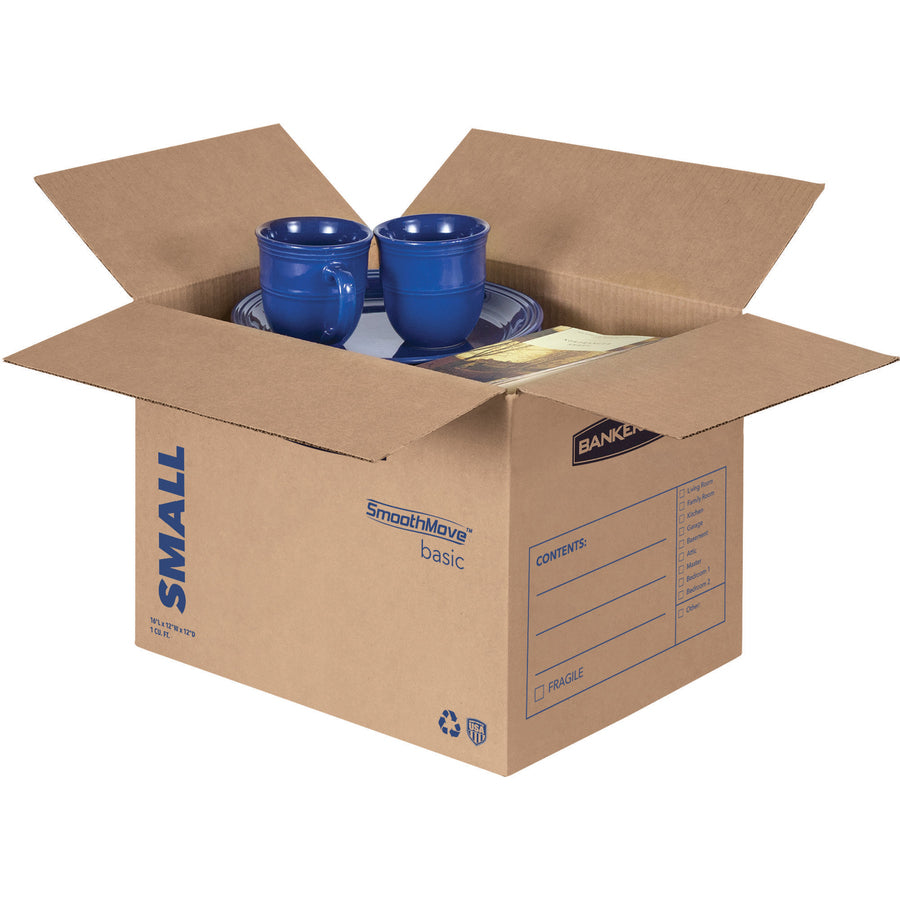 Image of Bankers Box® SmoothMove Basic Moving Boxes, Regular Slotted Container (RSC), Small, 12" x 16" x 12", Brown/Blue, 25/Bundle
