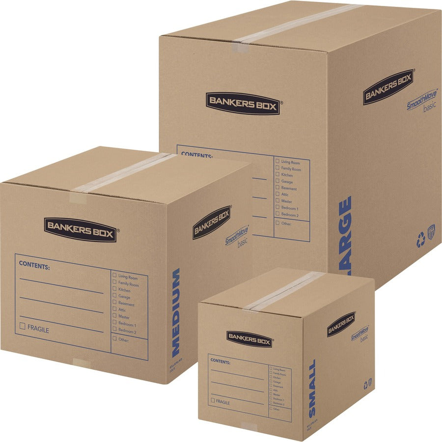 Image of Bankers Box® SmoothMove Basic Moving Boxes, Regular Slotted Container (RSC), Small, 12" x 16" x 12", Brown/Blue, 25/Bundle