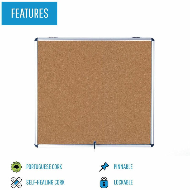 Image of MasterVision® Slim-Line Enclosed Cork Bulletin Board with One Door, 47" x 38", Tan Surface, Satin Aluminum Frame