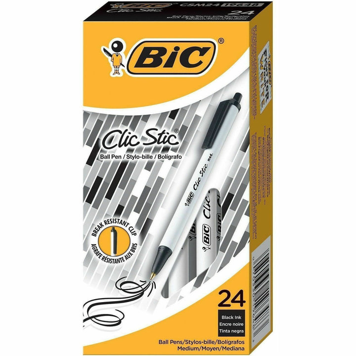Image of BIC CSM241BLK Clic Stic Fashion Retractable Ball Point Pen, Black, 1 mm Pen Point, Retractable, Black Ink, 24 / Box