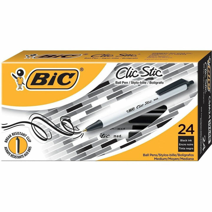 Image of BIC CSM241BLK Clic Stic Fashion Retractable Ball Point Pen, Black, 1 mm Pen Point, Retractable, Black Ink, 24 / Box