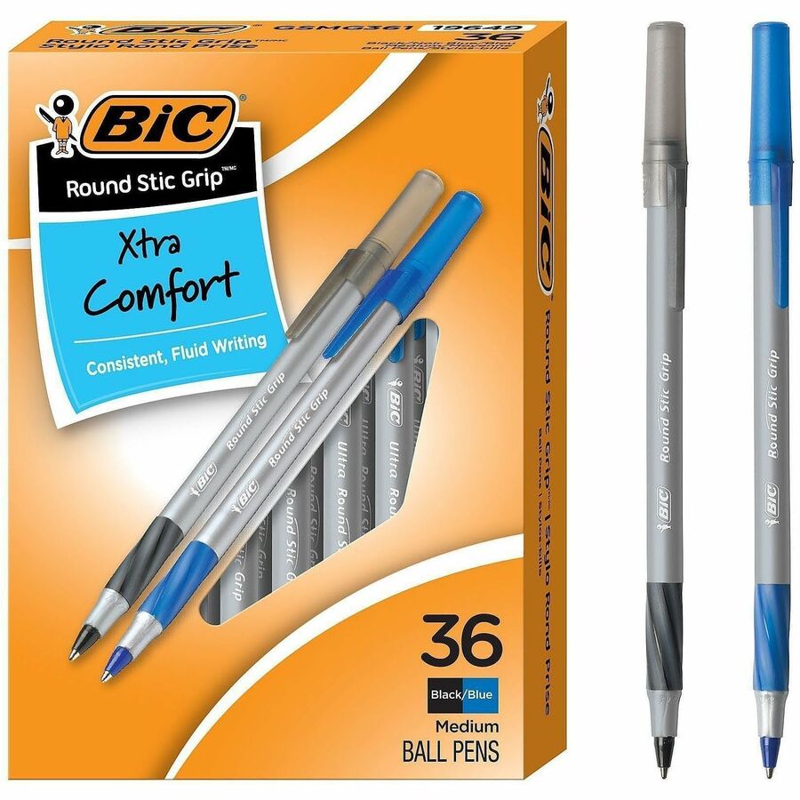 Image of BIC GSMG361AST Round Stic Grip Xtra-Comfort Medium Ball Point Pen, Assorted, 1.2 mm Medium Pen Point, Assorted Ink, 36 / Box