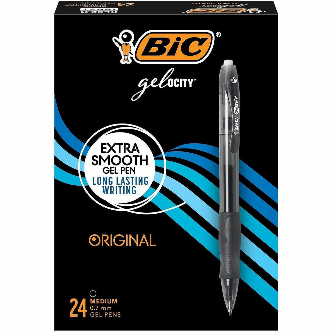 Image of BIC Gel-ocity RLC241BK Gel Retractable Pens, 0.7 mm Medium Pen Point, Retractable, Black Ink, Gel-based, Tinted, Clear Barrel, 24 / Box