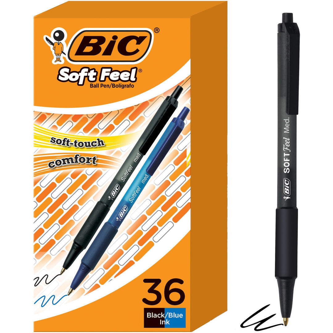 Image of BIC SCSM361AST Soft Feel Retractable Ball Point Pen Medium, Assorted, 1 mm Medium Pen Point, Retractable, Assorted Ink, 36 / Box
