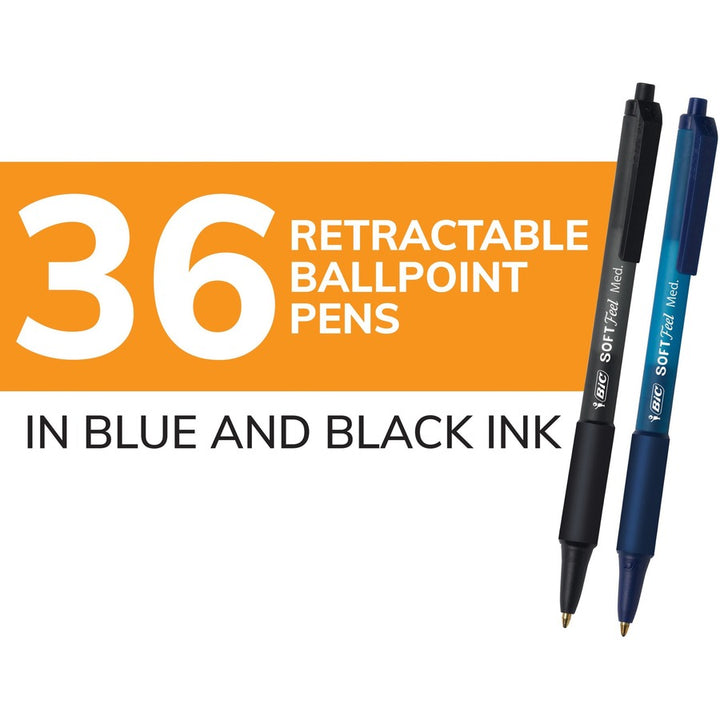 Image of BIC SCSM361AST Soft Feel Retractable Ball Point Pen Medium, Assorted, 1 mm Medium Pen Point, Retractable, Assorted Ink, 36 / Box