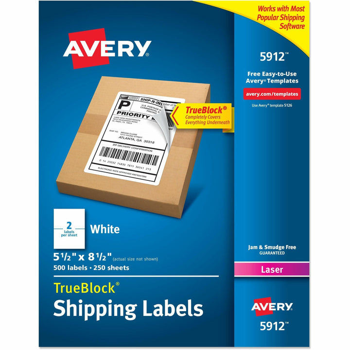 Image of Avery® Shipping Labels W/ Trueblock Technology, Laser Printers, 5.5 X 8.5, White, 2/sheet, 250 Sheets/box
