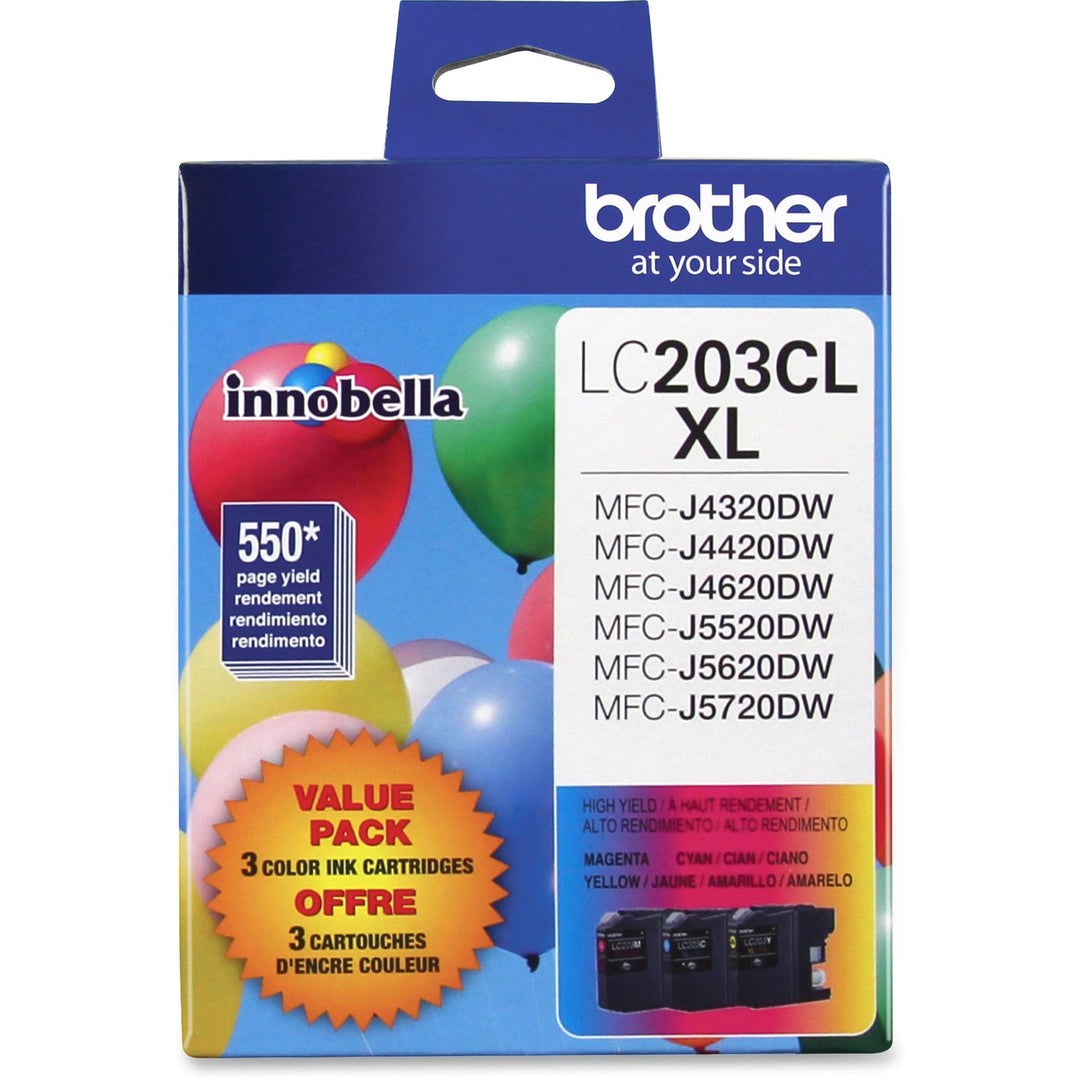 Image of Brother Innobella LC2033PKS LC203 3PK XL High-yield Ink Cartridges, 550 Pages Cyan, 550 Pages Magenta, 550 Pages Yellow, 3 / Pack