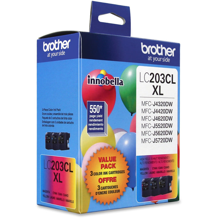Image of Brother Innobella LC2033PKS LC203 3PK XL High-yield Ink Cartridges, 550 Pages Cyan, 550 Pages Magenta, 550 Pages Yellow, 3 / Pack