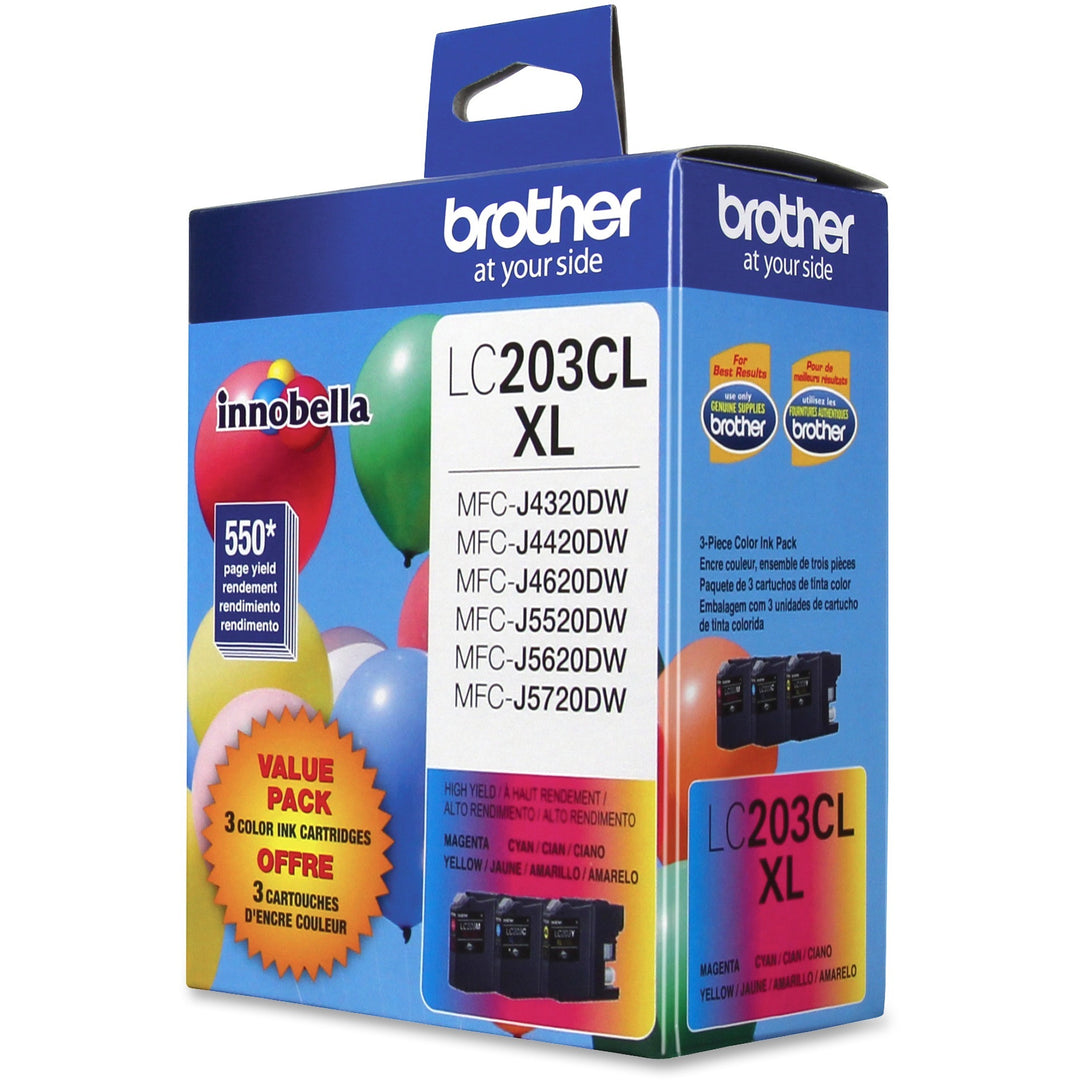Image of Brother Innobella LC2033PKS LC203 3PK XL High-yield Ink Cartridges, 550 Pages Cyan, 550 Pages Magenta, 550 Pages Yellow, 3 / Pack