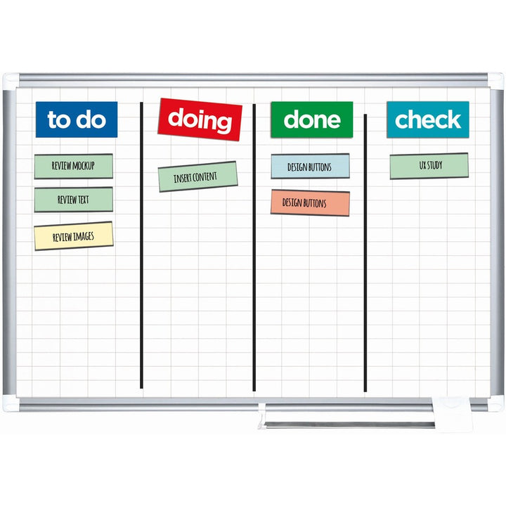 Image of MasterVision® Gridded Magnetic Steel Dry Erase Project Planning Board, w/Accs, 1" x 2" Cell, 48" x 36", White Surface, Satin Aluminum Frame