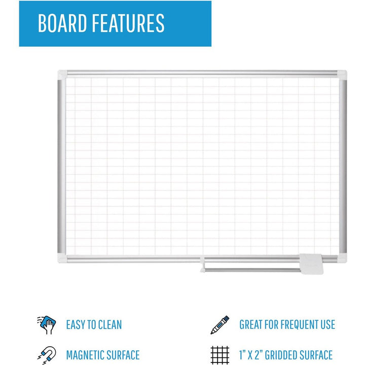 Image of MasterVision® Gridded Magnetic Steel Dry Erase Project Planning Board, w/Accs, 1" x 2" Cell, 48" x 36", White Surface, Satin Aluminum Frame