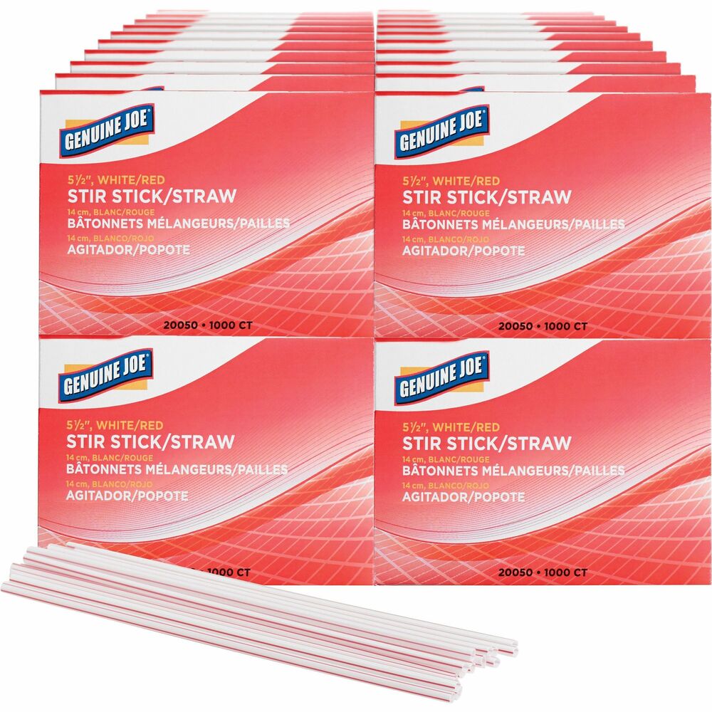Image of Genuine Joe Stir Sticks/Straws, Plastic, f/Hot/Cold,40BX/CT,5-1/2",WE/RD