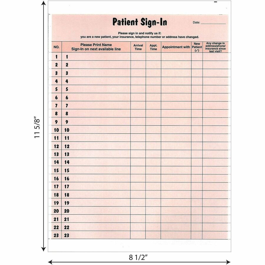 Image of Tabbies® Patient Sign-In Label Forms, Two-Part Carbon, 8.5 x 11.63, Salmon Sheets, 125 Forms Total