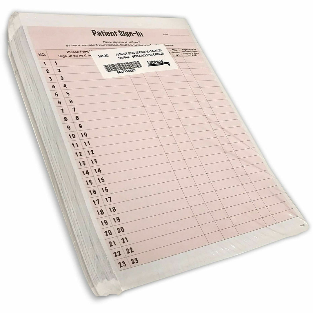 Image of Tabbies® Patient Sign-In Label Forms, Two-Part Carbon, 8.5 x 11.63, Salmon Sheets, 125 Forms Total