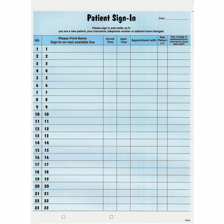 Image of Tabbies® Patient Sign-In Label Forms, Two-Part Carbon, 8.5 x 11.63, Blue Sheets, 125 Forms Total