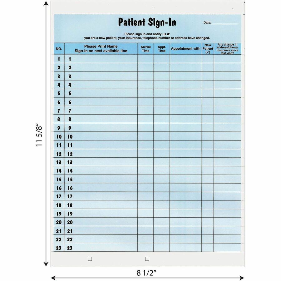 Image of Tabbies® Patient Sign-In Label Forms, Two-Part Carbon, 8.5 x 11.63, Blue Sheets, 125 Forms Total
