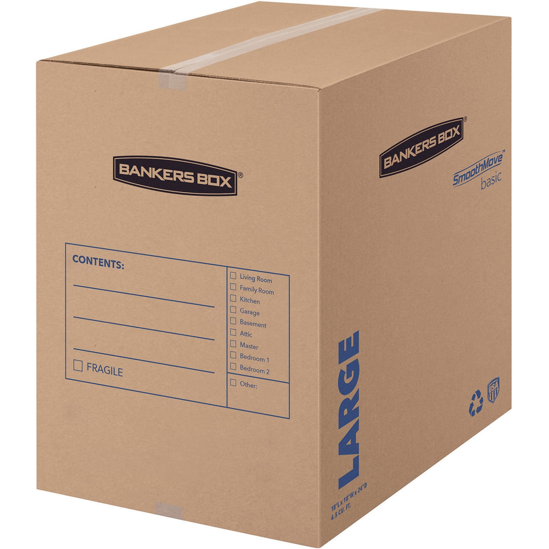 Image of Bankers Box® SmoothMove Basic Moving Boxes, Regular Slotted Container (RSC), Large, 18" x 18" x 24", Brown/Blue, 15/Carton
